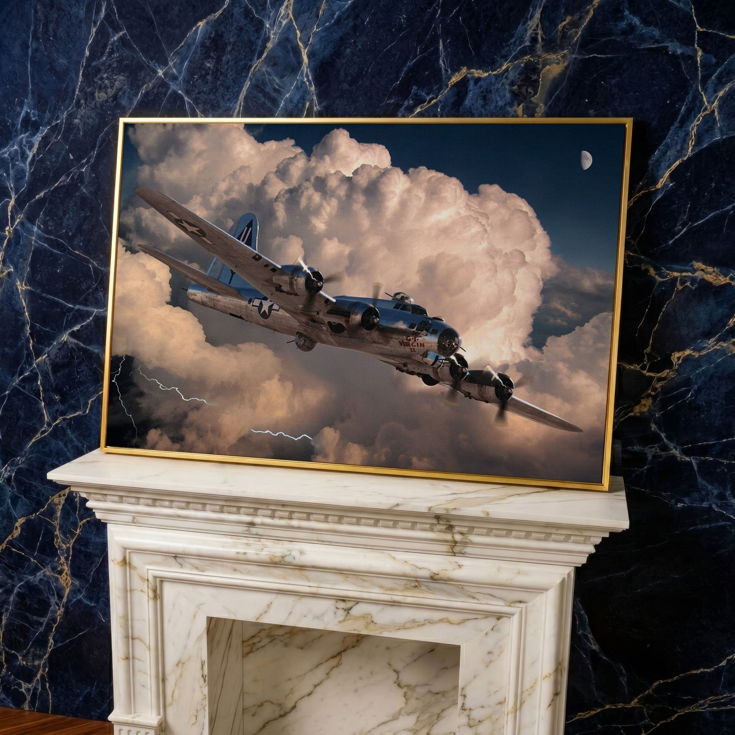 Boeing B-17 Flying Fortress in Storm Canvas Wall Art in yellow gold floating frame