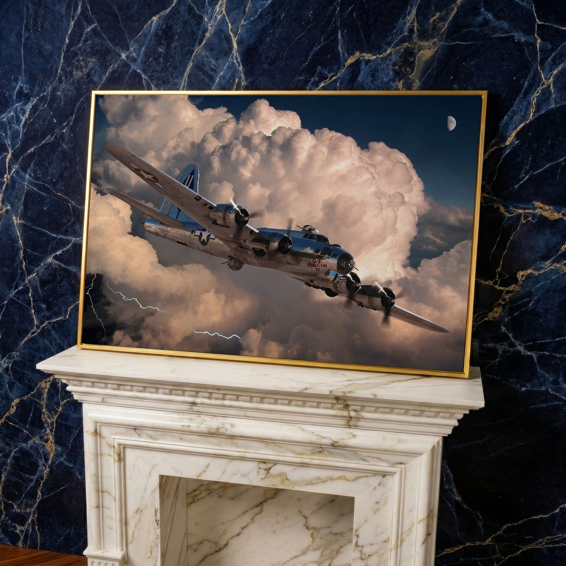 Boeing B-17 Flying Fortress in Storm Canvas Wall Art in yellow gold floating frame
