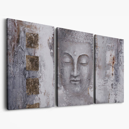 Buddha Portrait Canvas Wall Art with Abstract Background as 3-panel split version