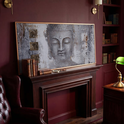 Buddha Portrait Canvas Wall Art with Abstract Background in antique gold floating frame