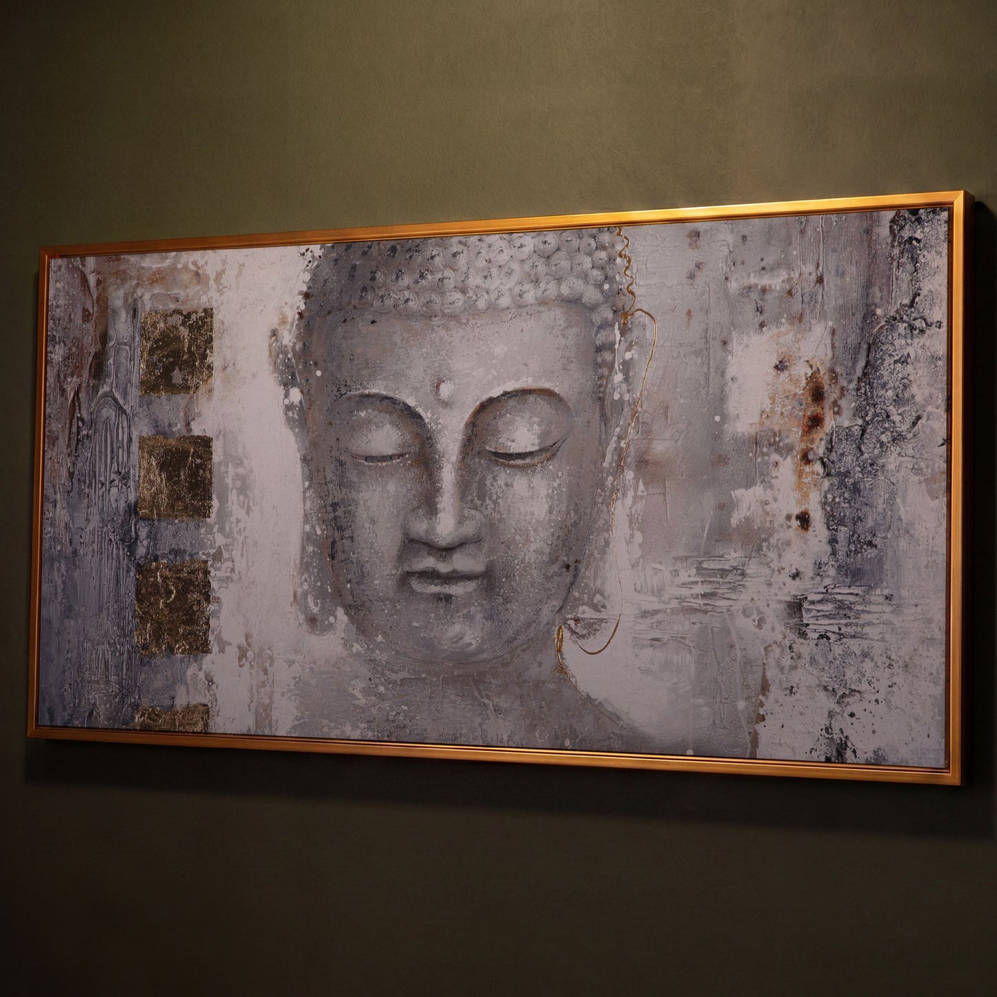 Buddha Portrait Canvas Wall Art with Abstract Background shown in antique gold floating frame