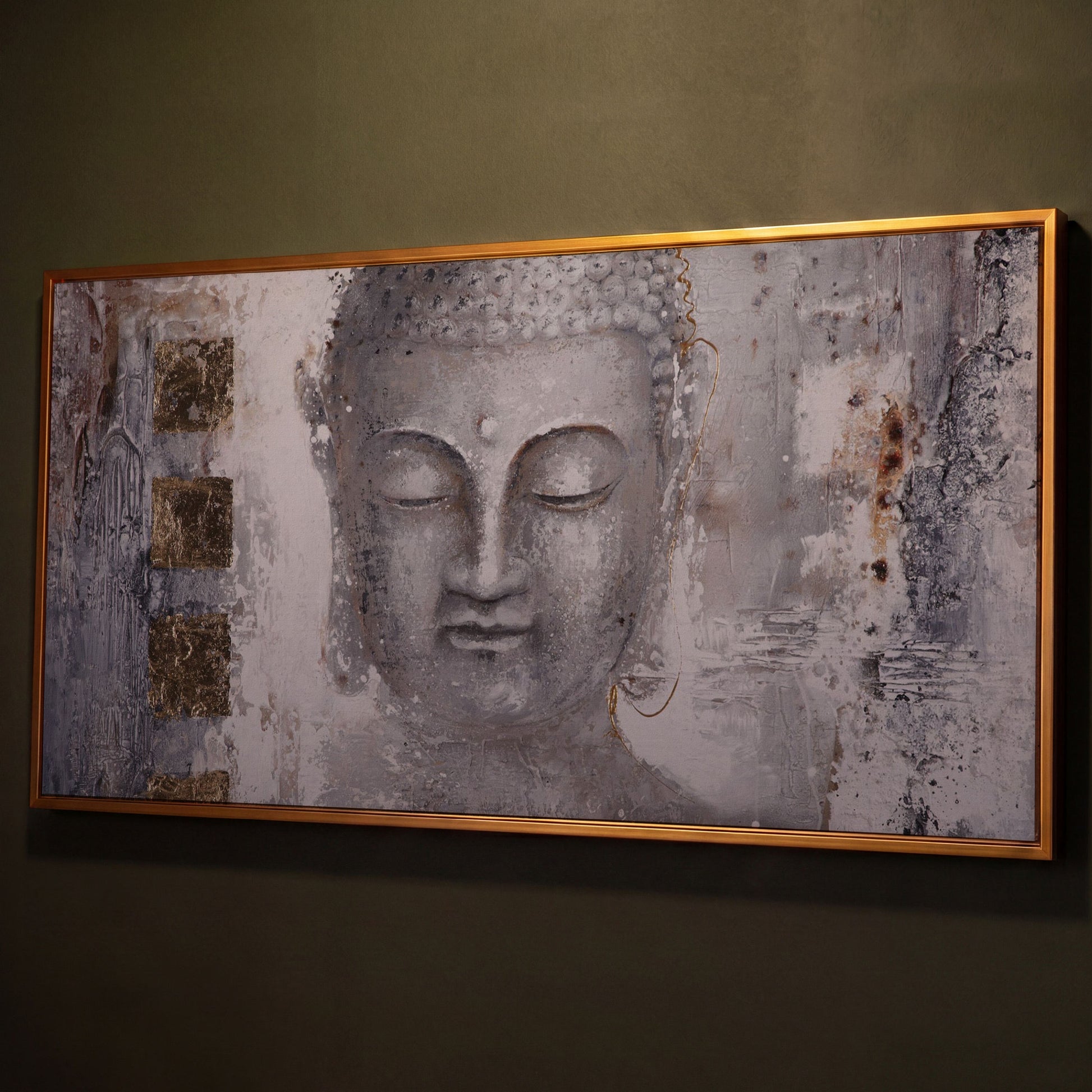 Buddha Portrait Canvas Wall Art with Abstract Background shown in antique gold floating frame