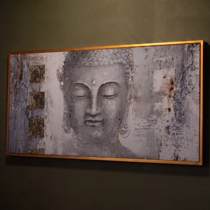 Buddha Portrait Canvas Wall Art with Abstract Background shown in antique gold floating frame