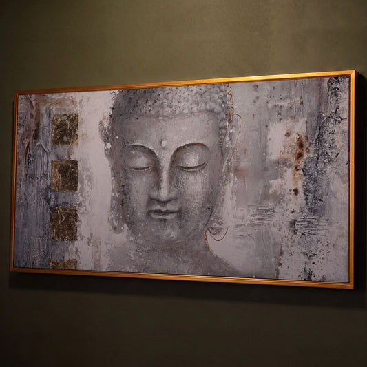 Buddha Portrait Canvas Wall Art with Abstract Background shown in antique gold floating frame