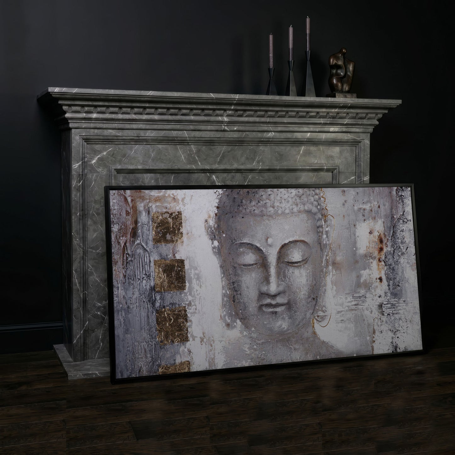 Buddha Portrait Canvas Wall Art with Abstract Background in black floating frame
