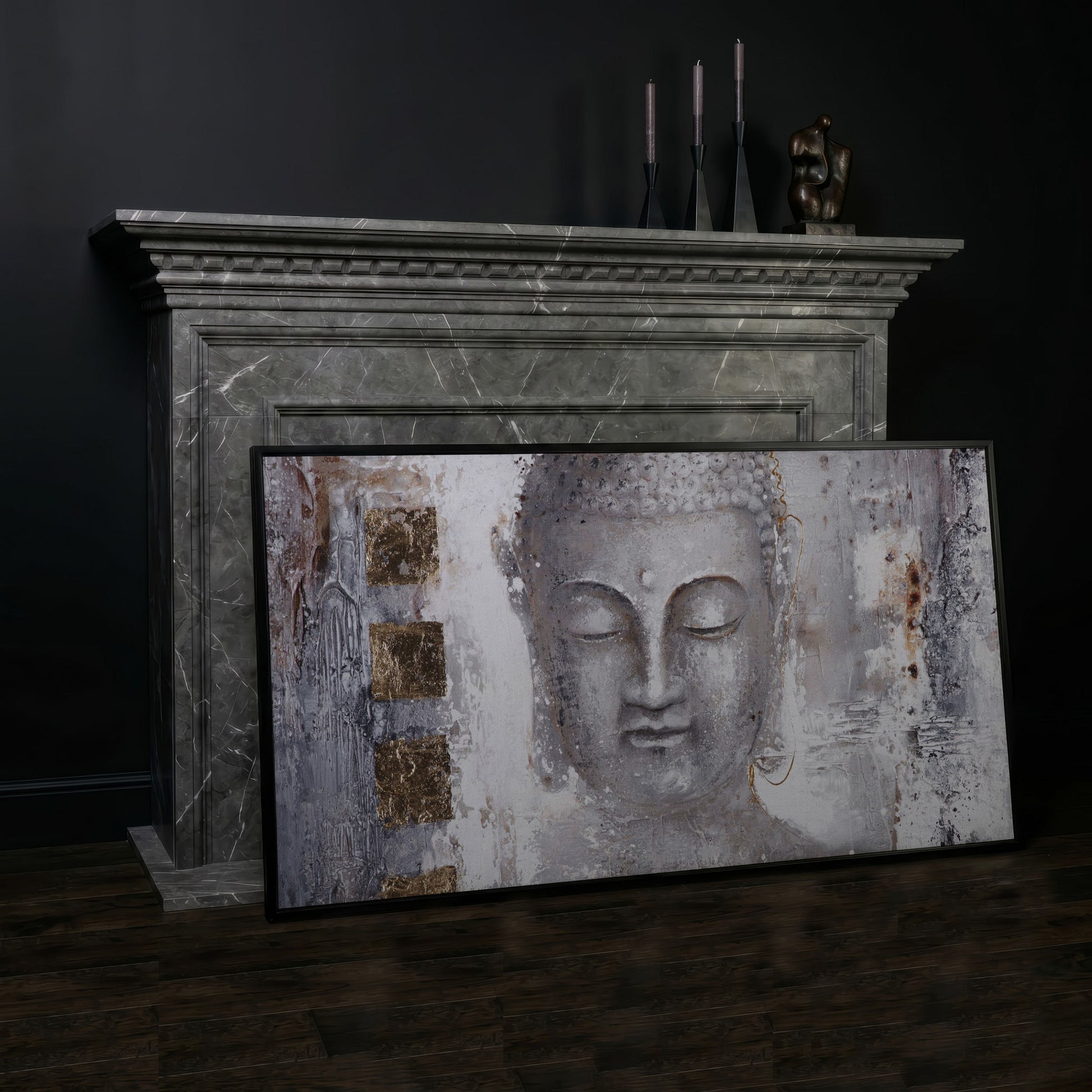 Buddha Portrait Canvas Wall Art with Abstract Background in black floating frame