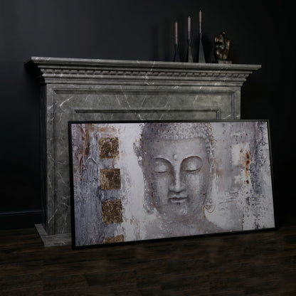 Buddha Portrait Canvas Wall Art with Abstract Background in black floating frame