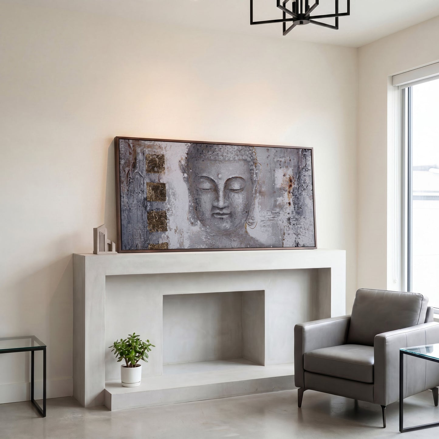 Buddha Portrait Canvas Wall Art with Abstract Background in dark walnut floating frame