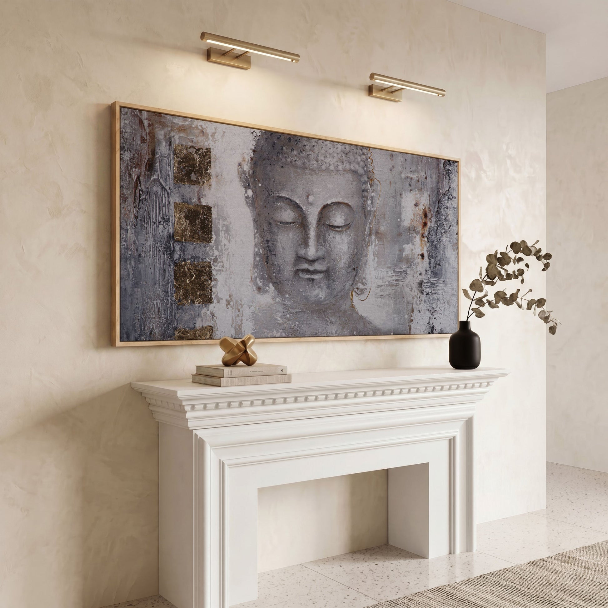 Buddha Portrait Canvas Wall Art with Abstract Background in white oak floating frame