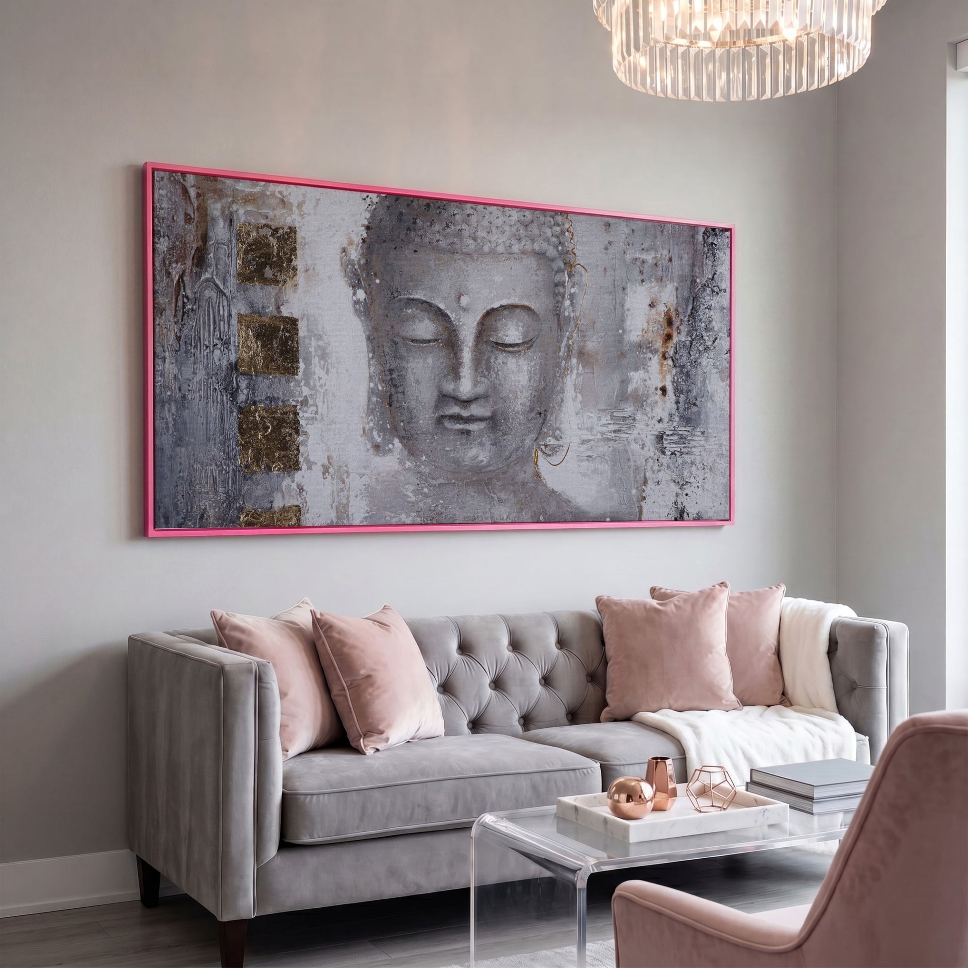 Buddha Portrait Canvas Wall Art with Abstract Background in pink floating frame