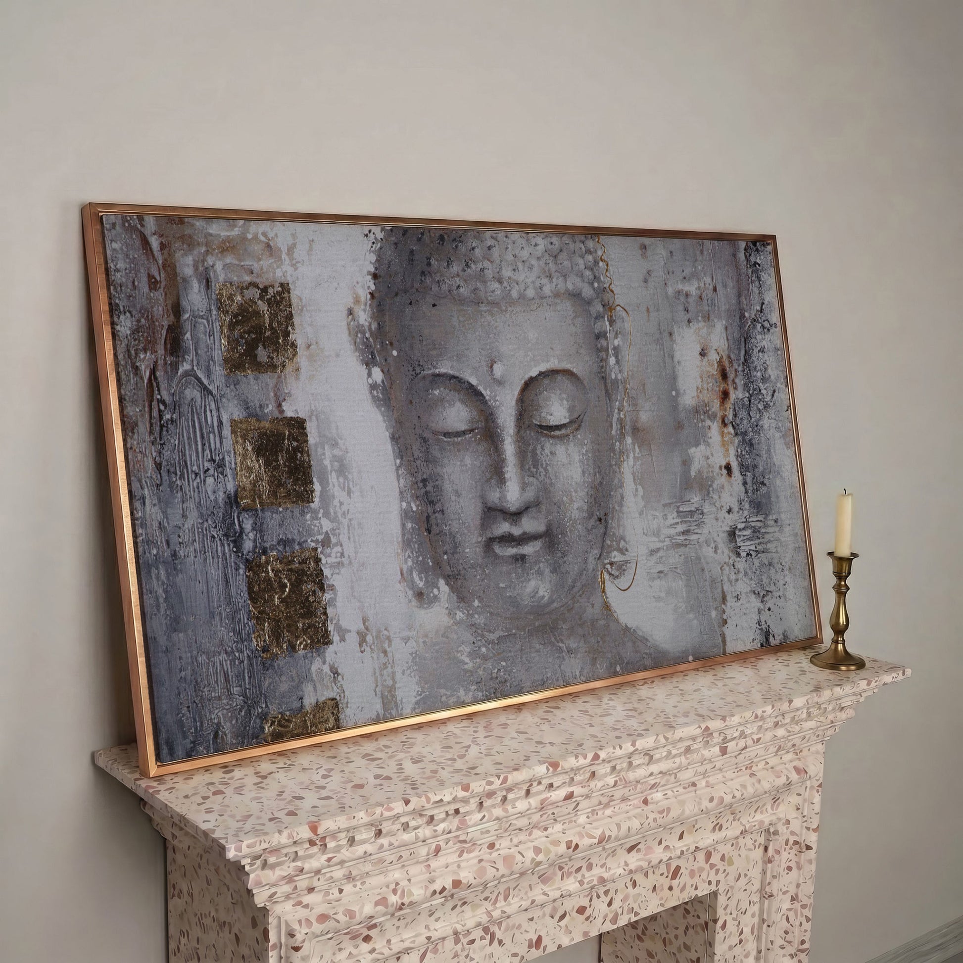 Buddha Portrait Canvas Wall Art with Abstract Background in rose gold floating frame