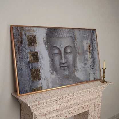 Buddha Portrait Canvas Wall Art with Abstract Background in rose gold floating frame