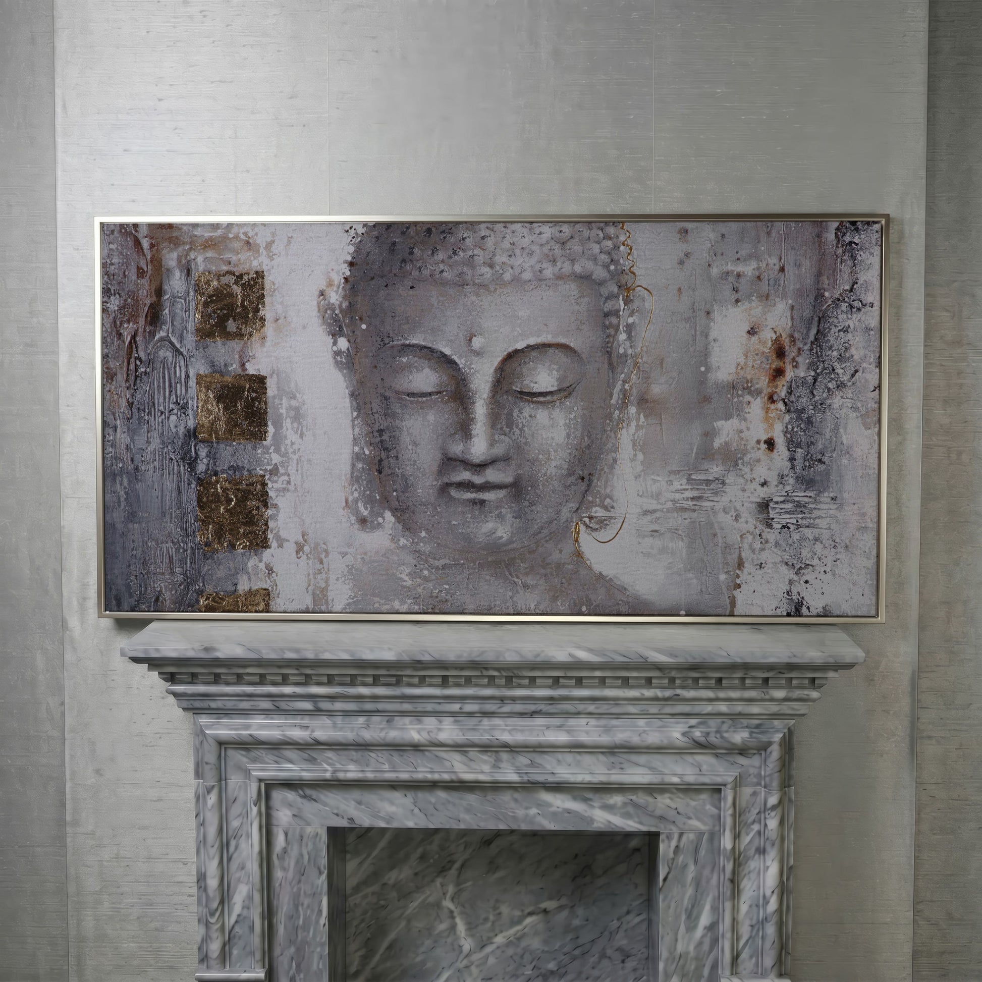Buddha Portrait Canvas Wall Art with Abstract Background in silver floating frame