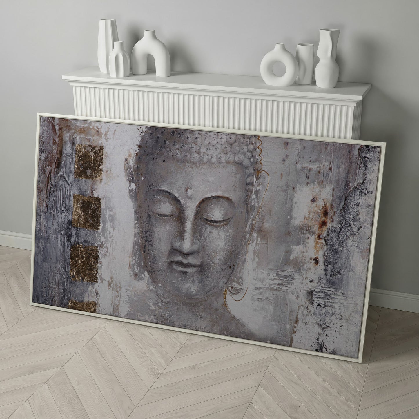 Buddha Portrait Canvas Wall Art with Abstract Background in white floating frame
