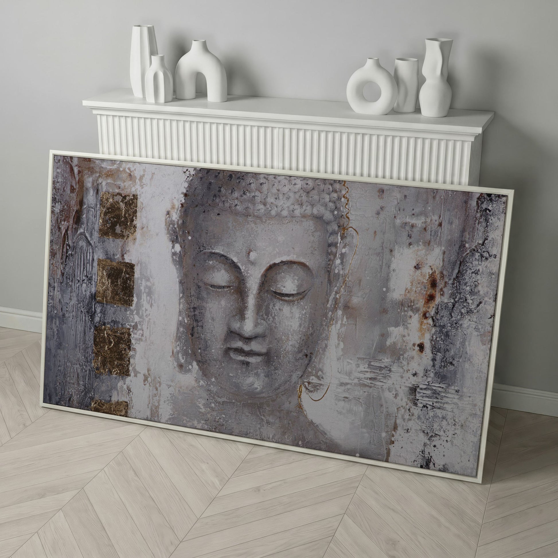 Buddha Portrait Canvas Wall Art with Abstract Background in white floating frame