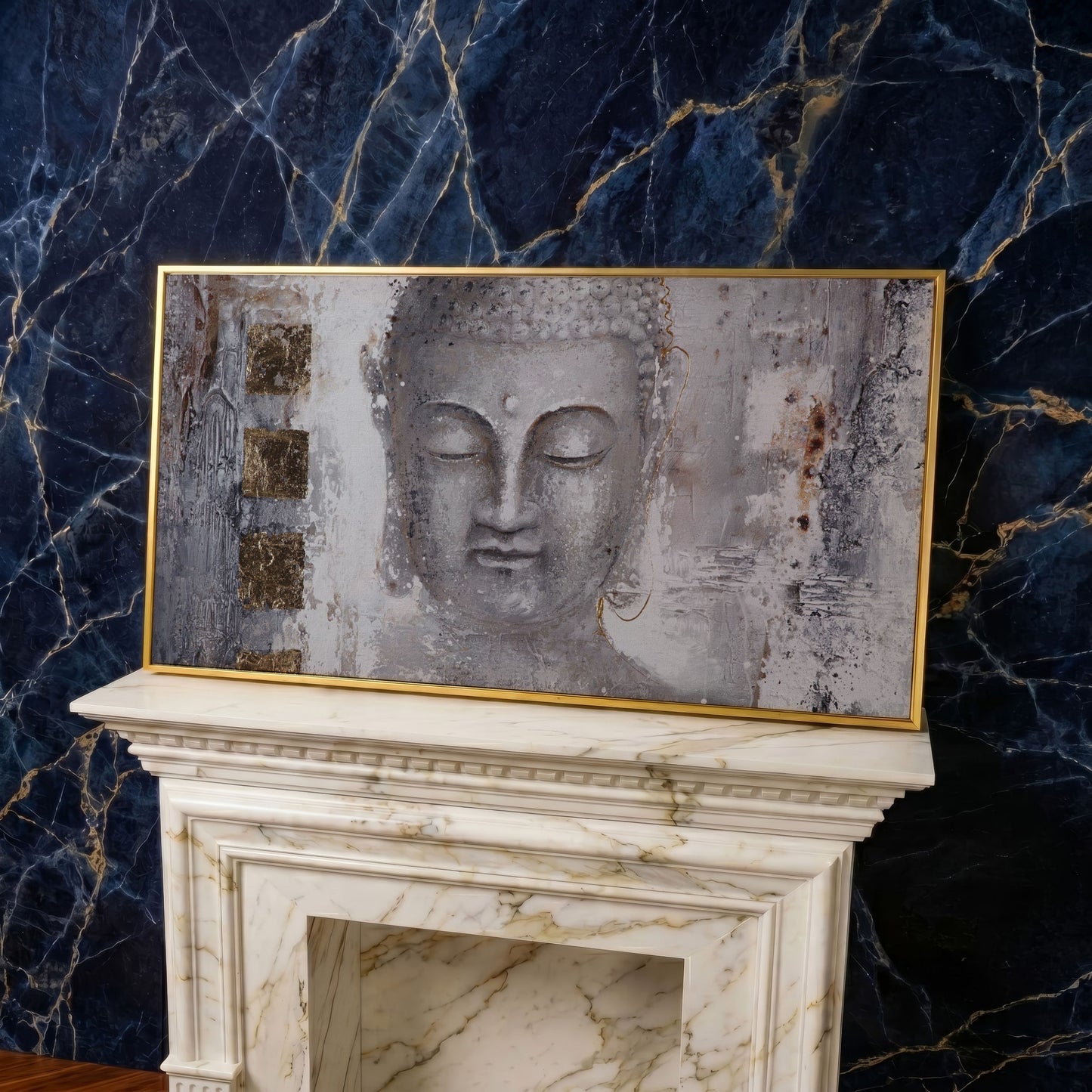 Buddha Portrait Canvas Wall Art with Abstract Background in yellow gold floating frame