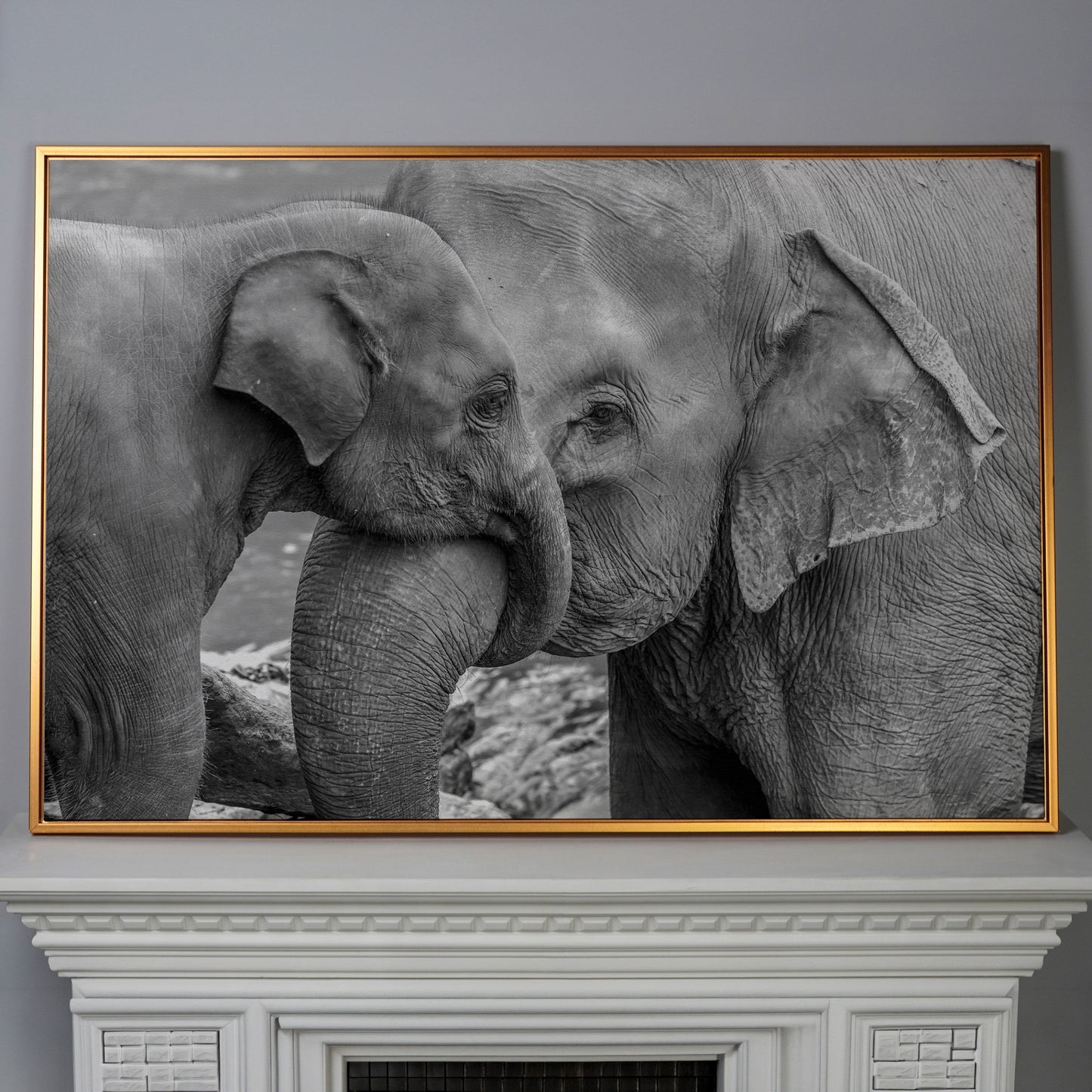 Two Elephants, Trunks Entwined. Canvas Wall Art in antique gold floating frame