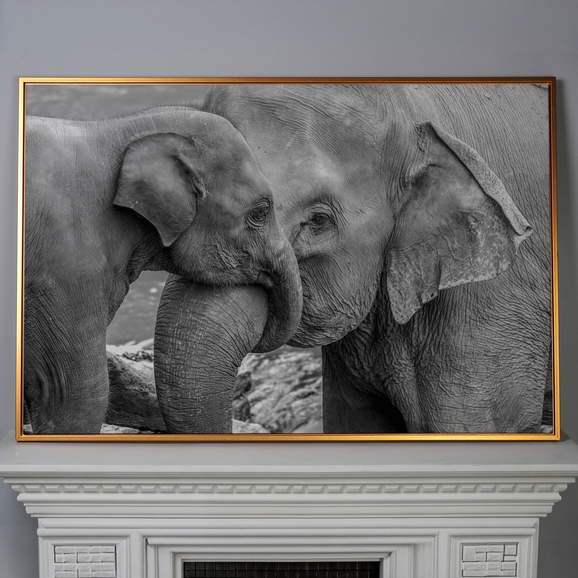 Two Elephants, Trunks Entwined. Canvas Wall Art in antique gold floating frame