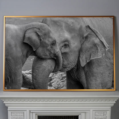 Two Elephants, Trunks Entwined. Canvas Wall Art in antique gold floating frame