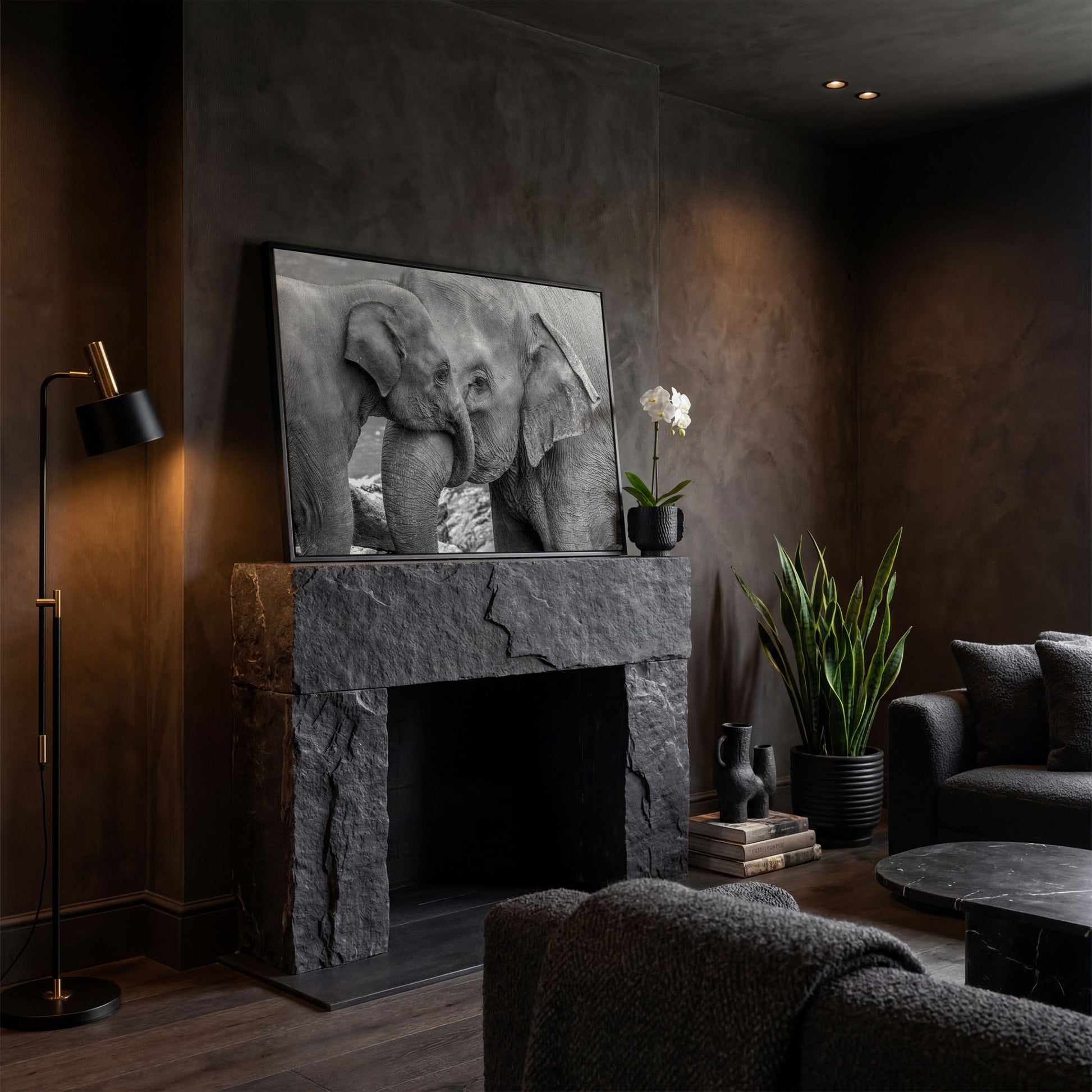 Two Elephants, Trunks Entwined. Canvas Wall Art in black floating frame