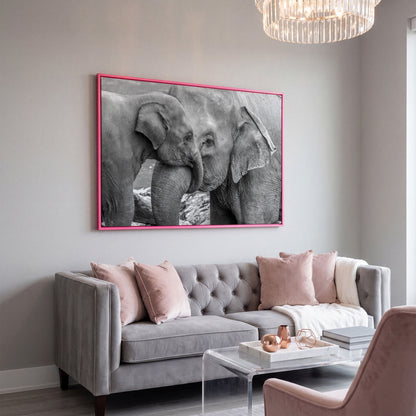 Two Elephants, Trunks Entwined. Canvas Wall Art in pink floating frame