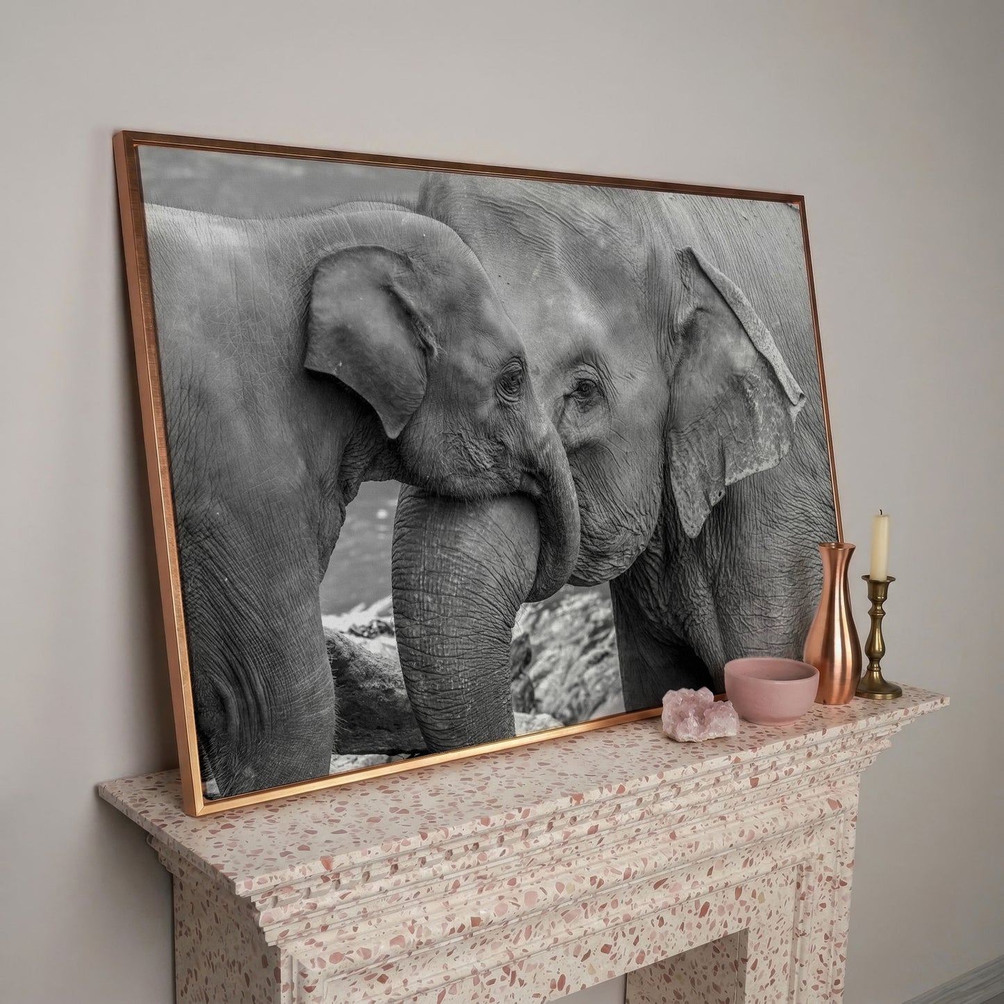 Two Elephants, Trunks Entwined. Canvas Wall Art in rose gold floating frame