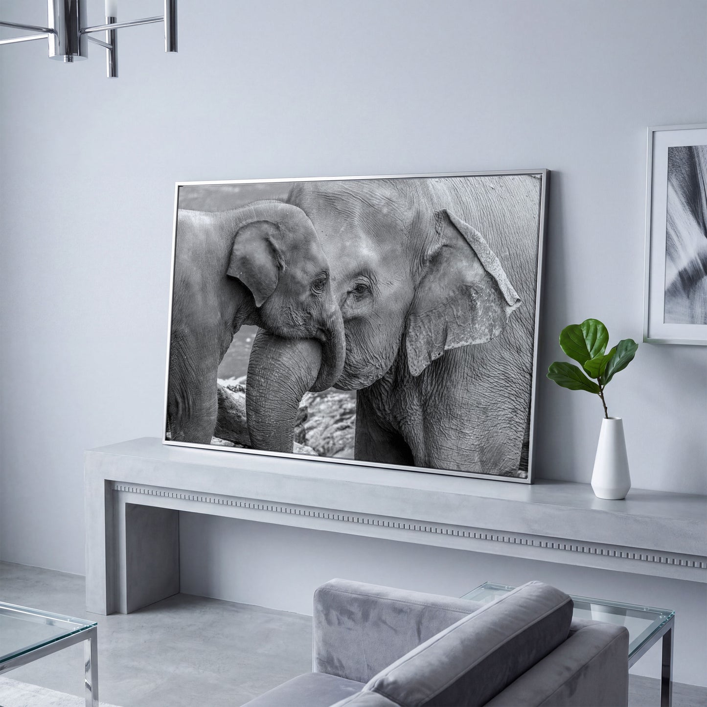 Two Elephants, Trunks Entwined. Canvas Wall Art in silver floating frame