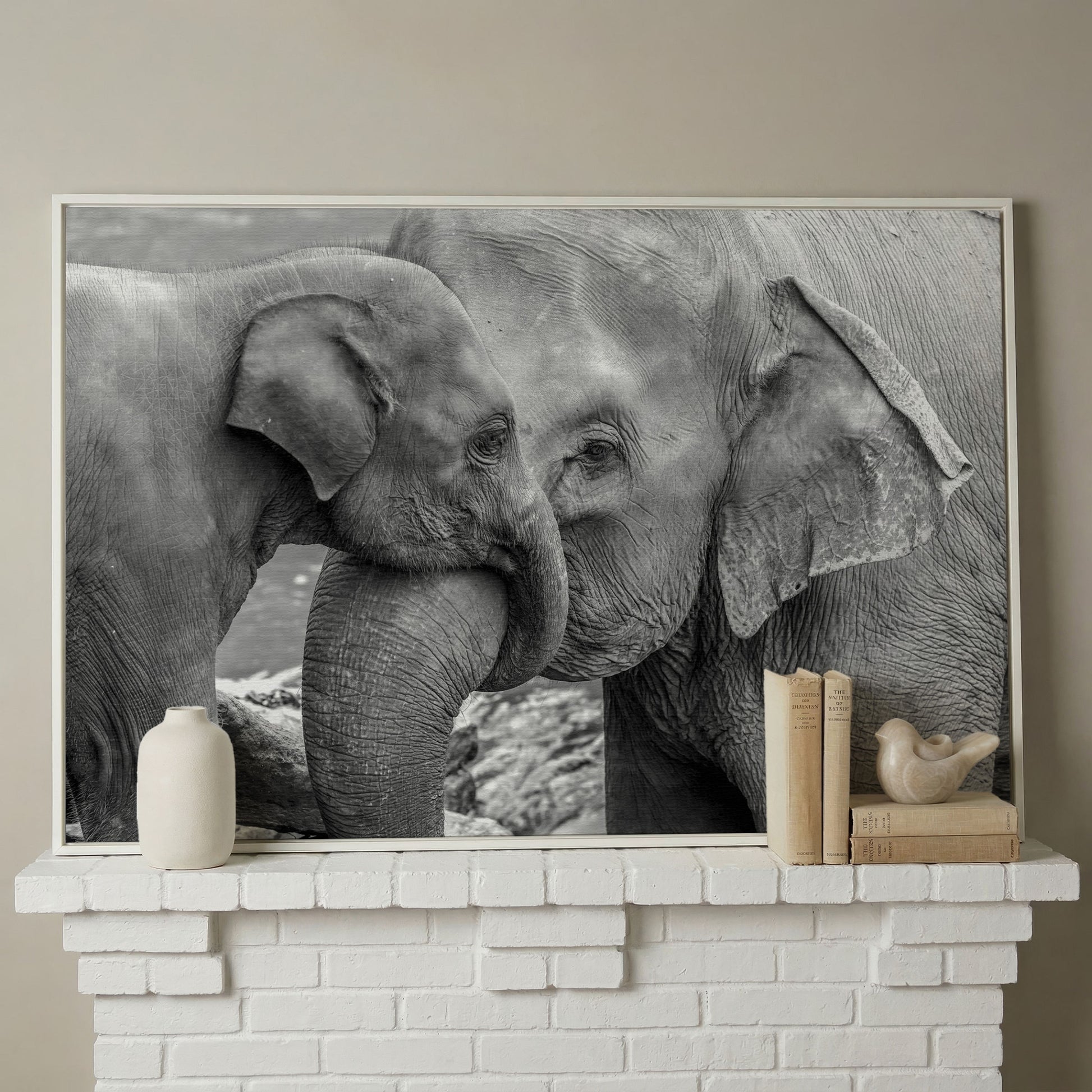 Two Elephants, Trunks Entwined. Canvas Wall Art in white floating frame