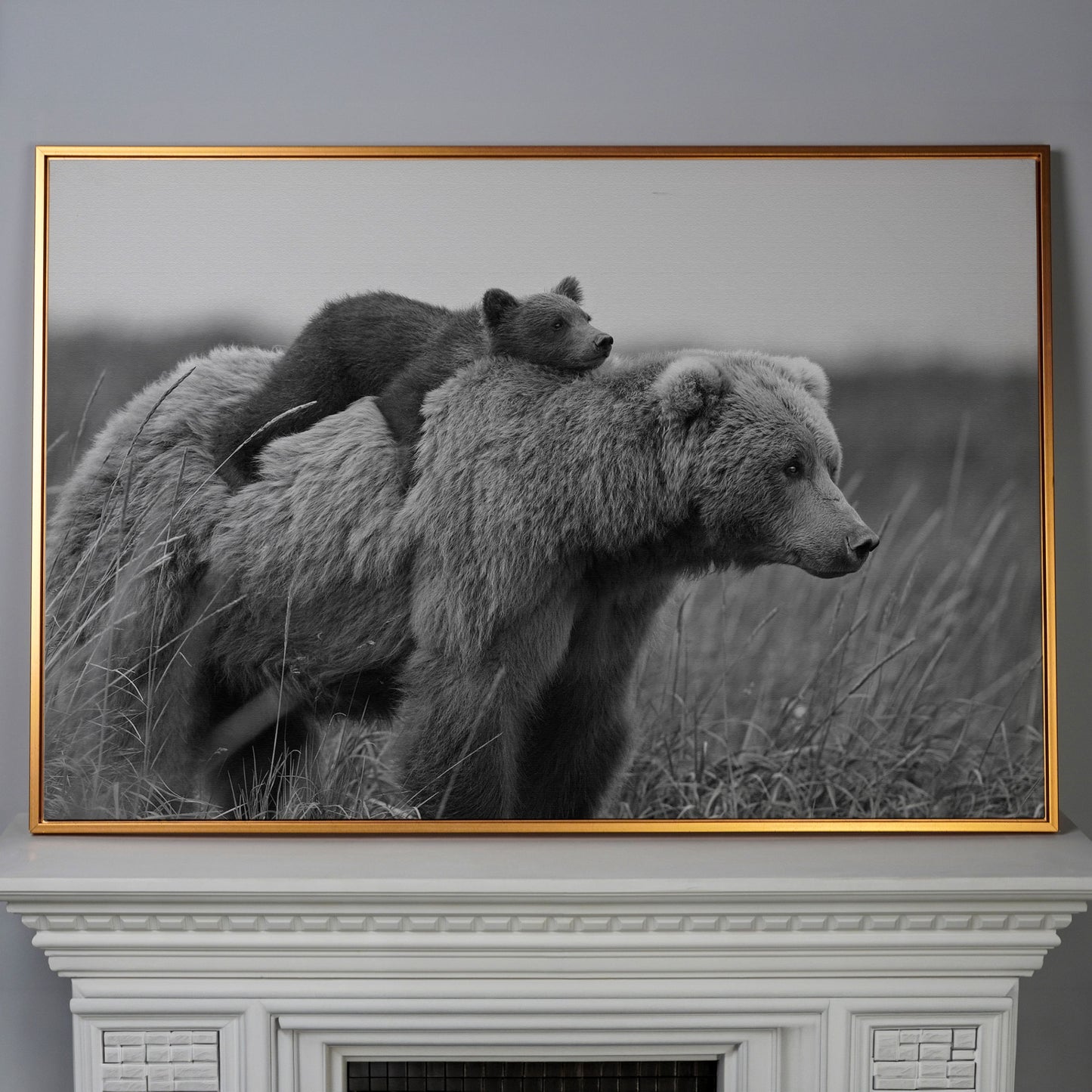 Brown Bear and Cub in Tall Grass. Canvas Wall Art in antique gold floating frame
