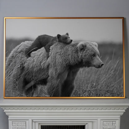 Brown Bear and Cub in Tall Grass. Canvas Wall Art in antique gold floating frame