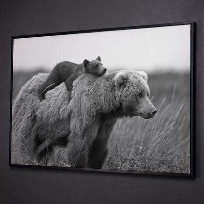 Brown Bear and Cub in Tall Grass. Canvas Wall Art shown in black floating frame