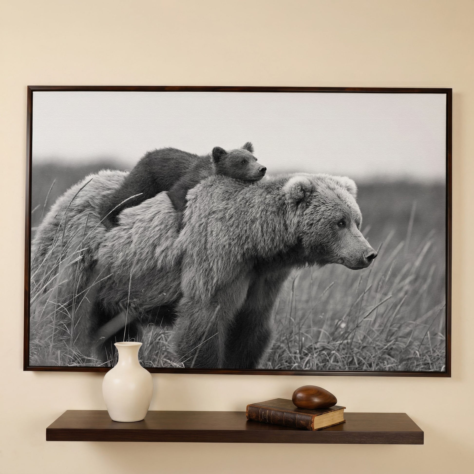 Brown Bear and Cub in Tall Grass. Canvas Wall Art in dark walnut floating frame