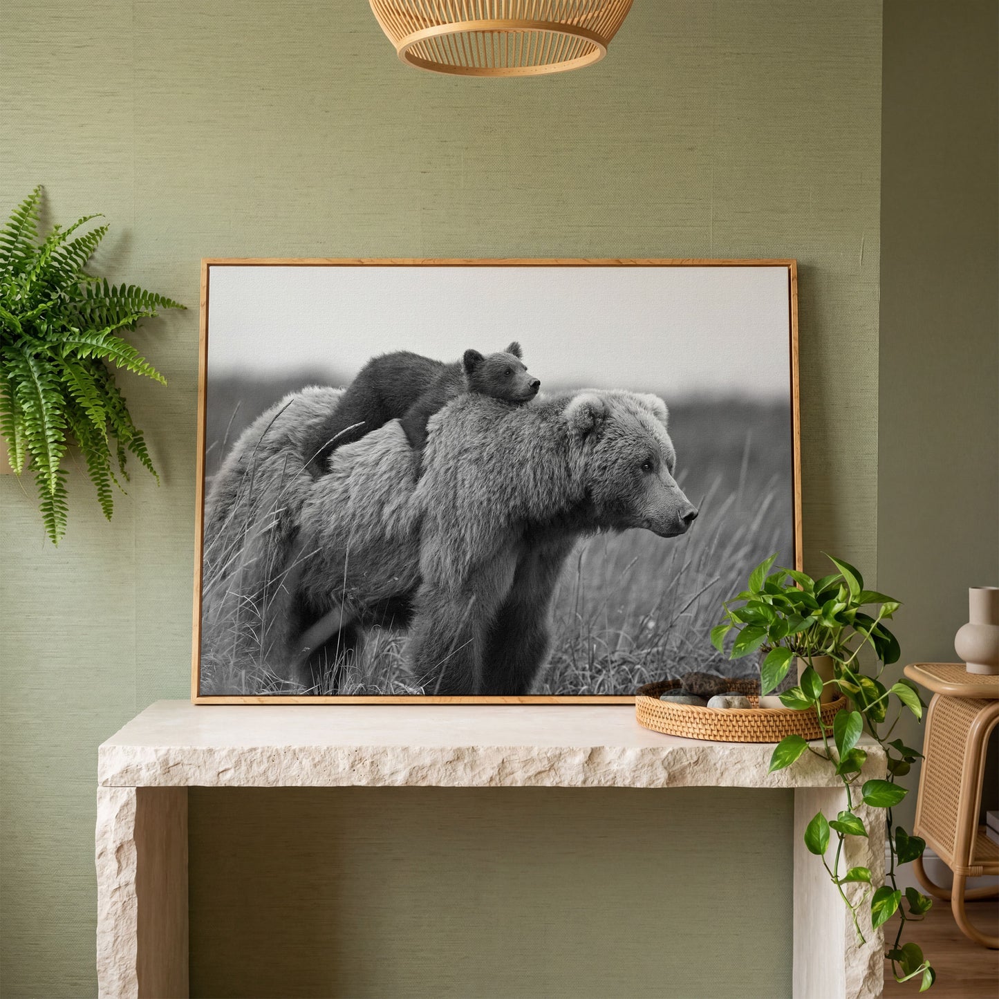 Brown Bear and Cub in Tall Grass. Canvas Wall Art in white oak floating frame