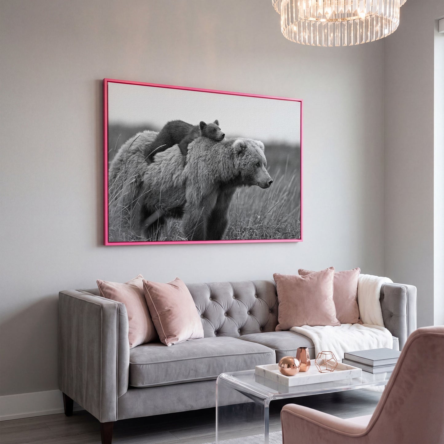 Brown Bear and Cub in Tall Grass. Canvas Wall Art in pink floating frame