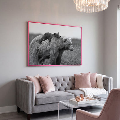 Brown Bear and Cub in Tall Grass. Canvas Wall Art in pink floating frame