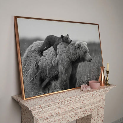 Brown Bear and Cub in Tall Grass. Canvas Wall Art in rose gold floating frame