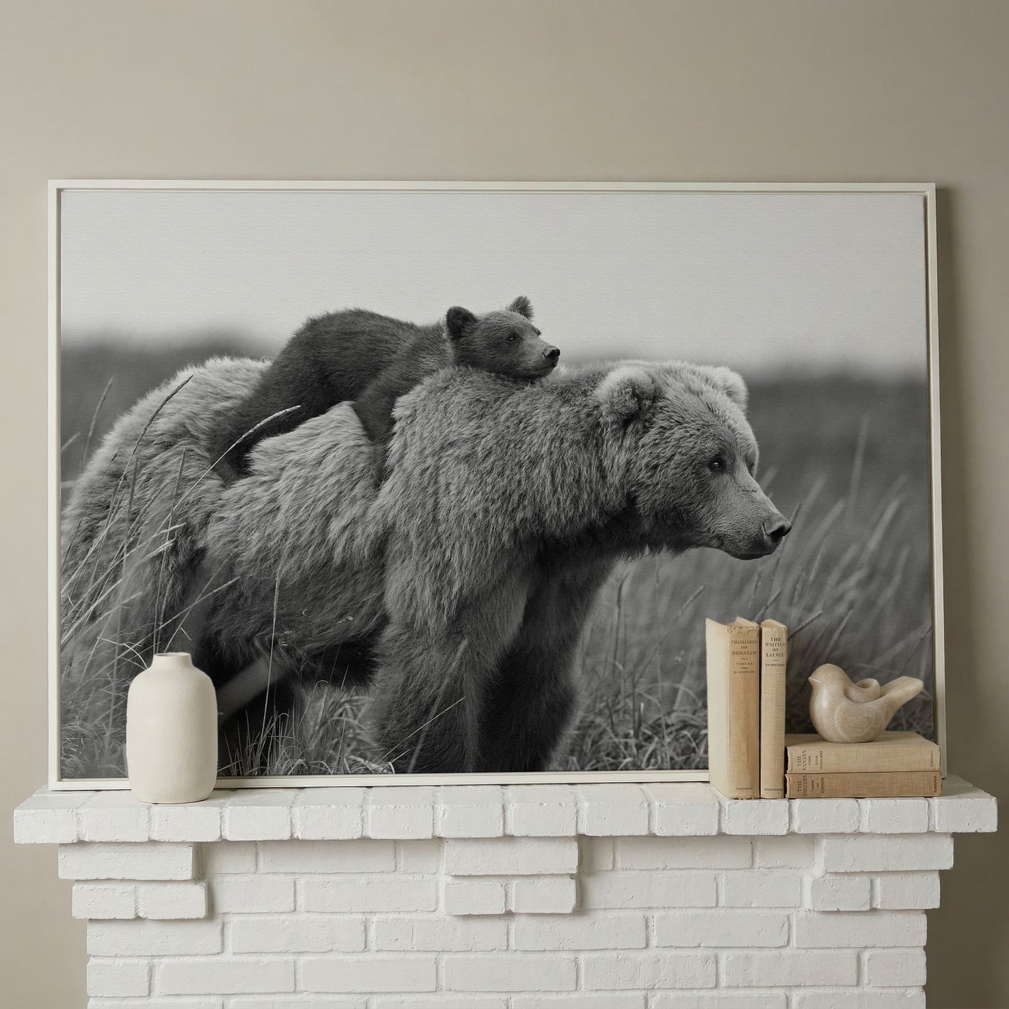 Brown Bear and Cub in Tall Grass. Canvas Wall Art in white floating frame