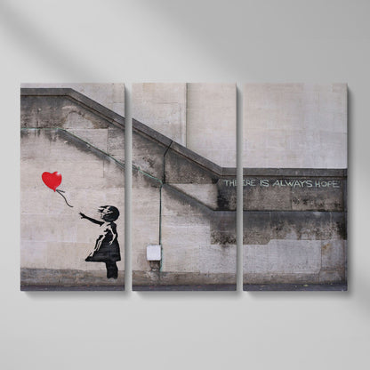 Banksy Balloon Girl Canvas Art, There Is Always Hope Street Art Print as 3-panel split version