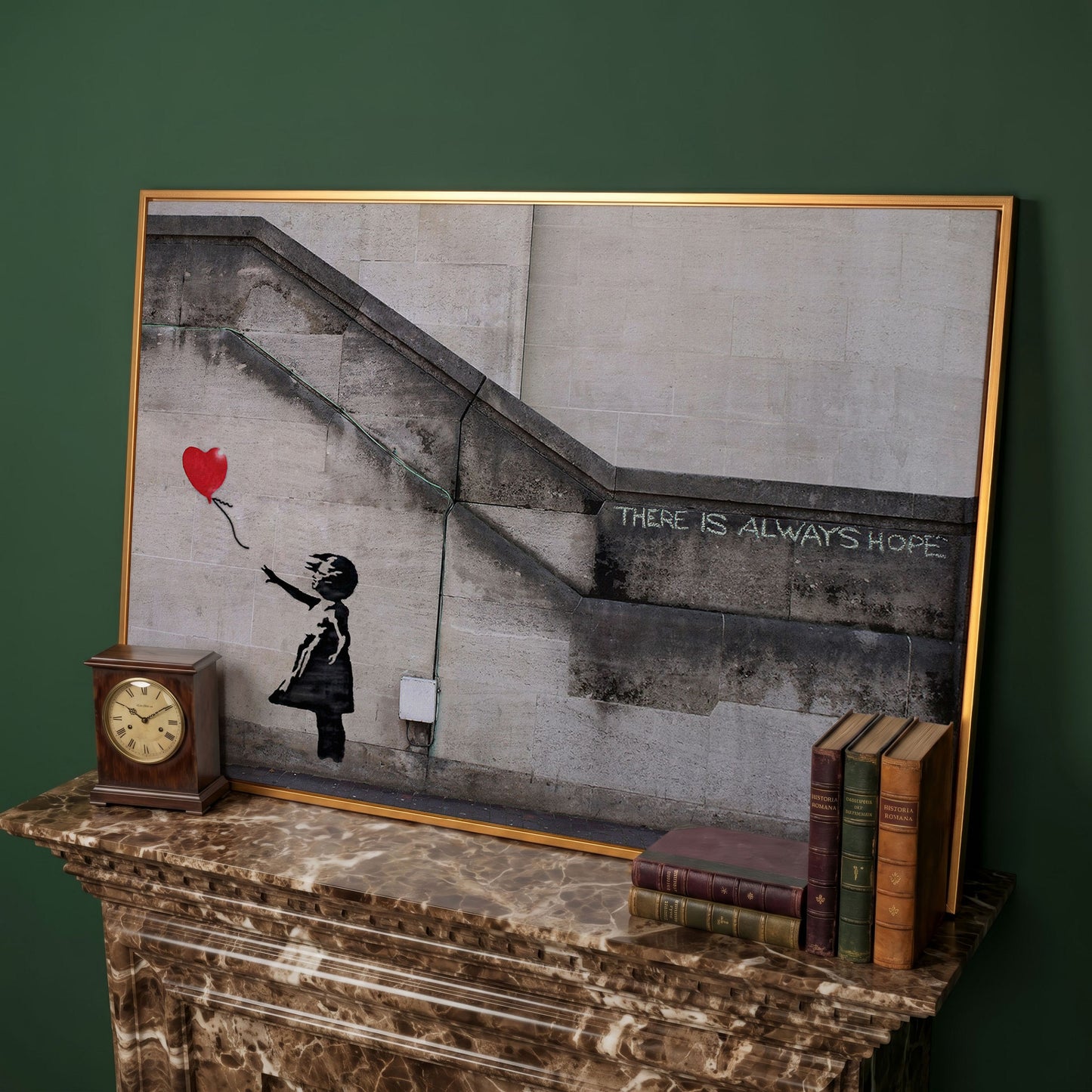 Banksy Balloon Girl Canvas Art, There Is Always Hope Street Art Print in antique gold floating frame