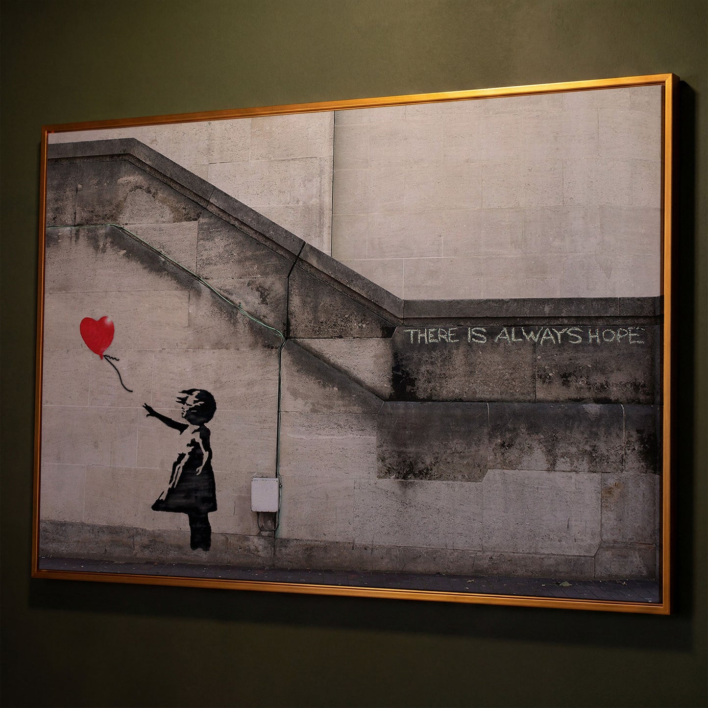 Banksy Balloon Girl Canvas Art, There Is Always Hope Street Art Print shown in antique gold floating frame