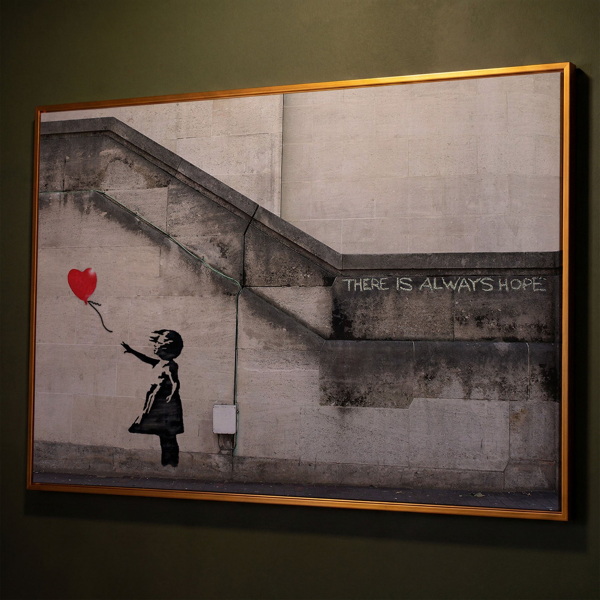 Banksy Balloon Girl Canvas Art, There Is Always Hope Street Art Print shown in antique gold floating frame