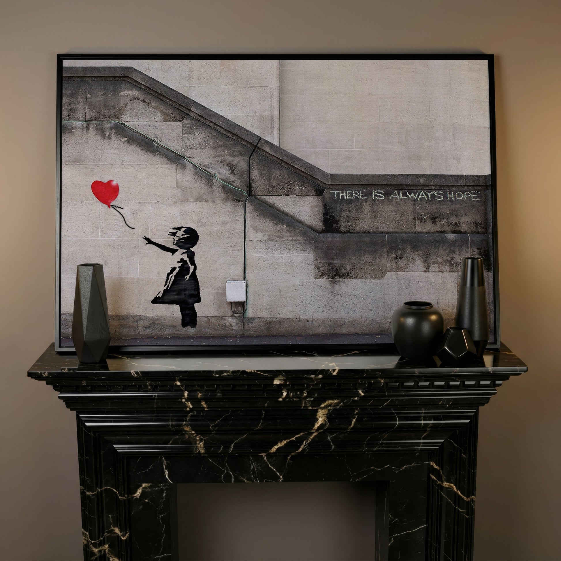 Banksy Balloon Girl Canvas Art, There Is Always Hope Street Art Print in black floating frame