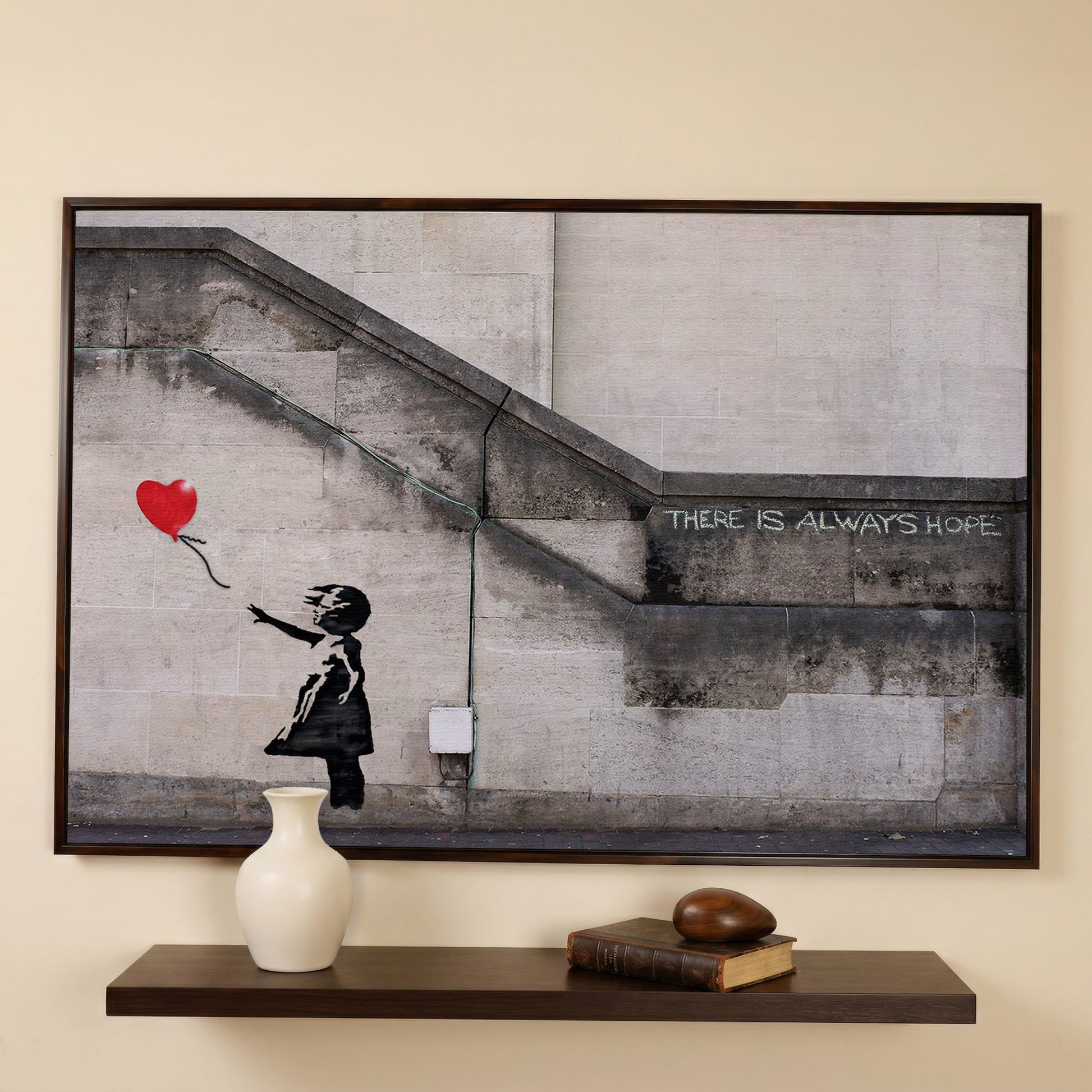 Banksy Balloon Girl Canvas Art, There Is Always Hope Street Art Print in dark walnut floating frame
