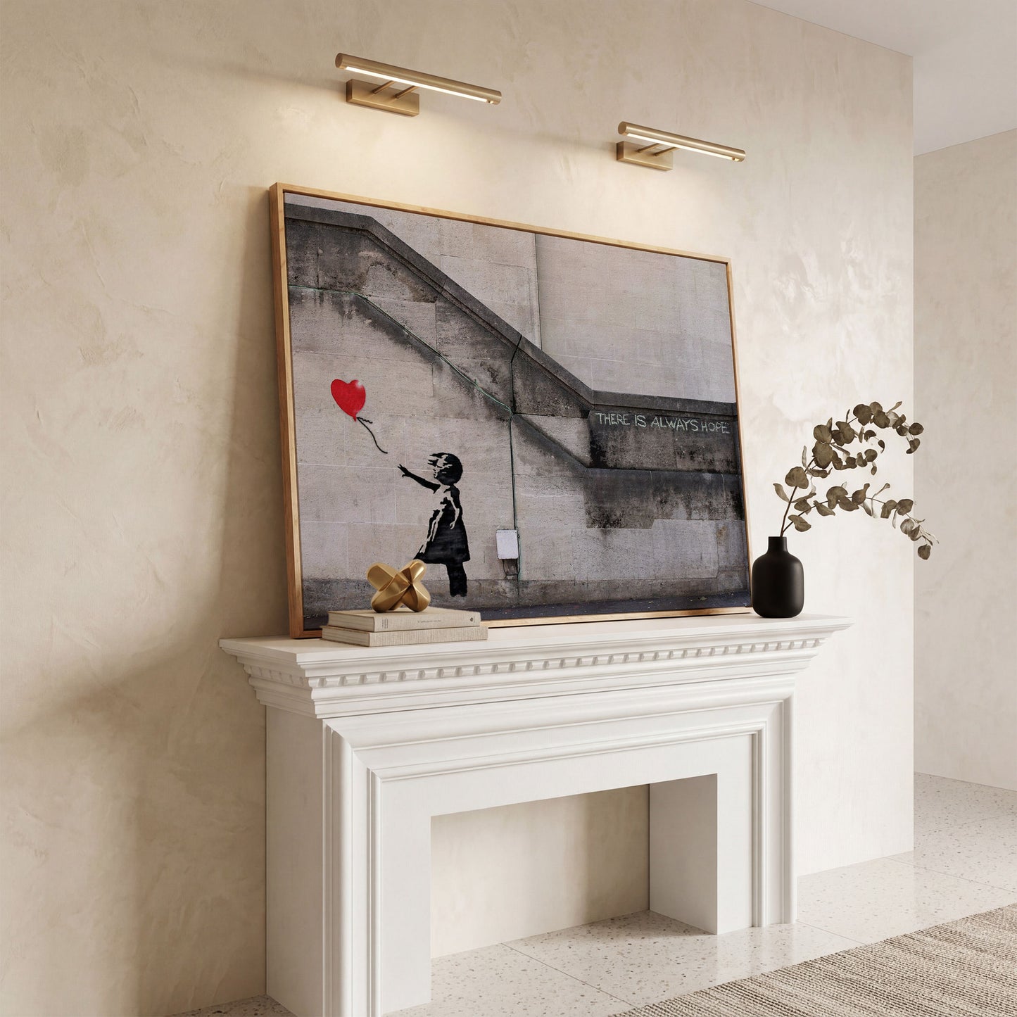 Banksy Balloon Girl Canvas Art, There Is Always Hope Street Art Print in white oak floating frame