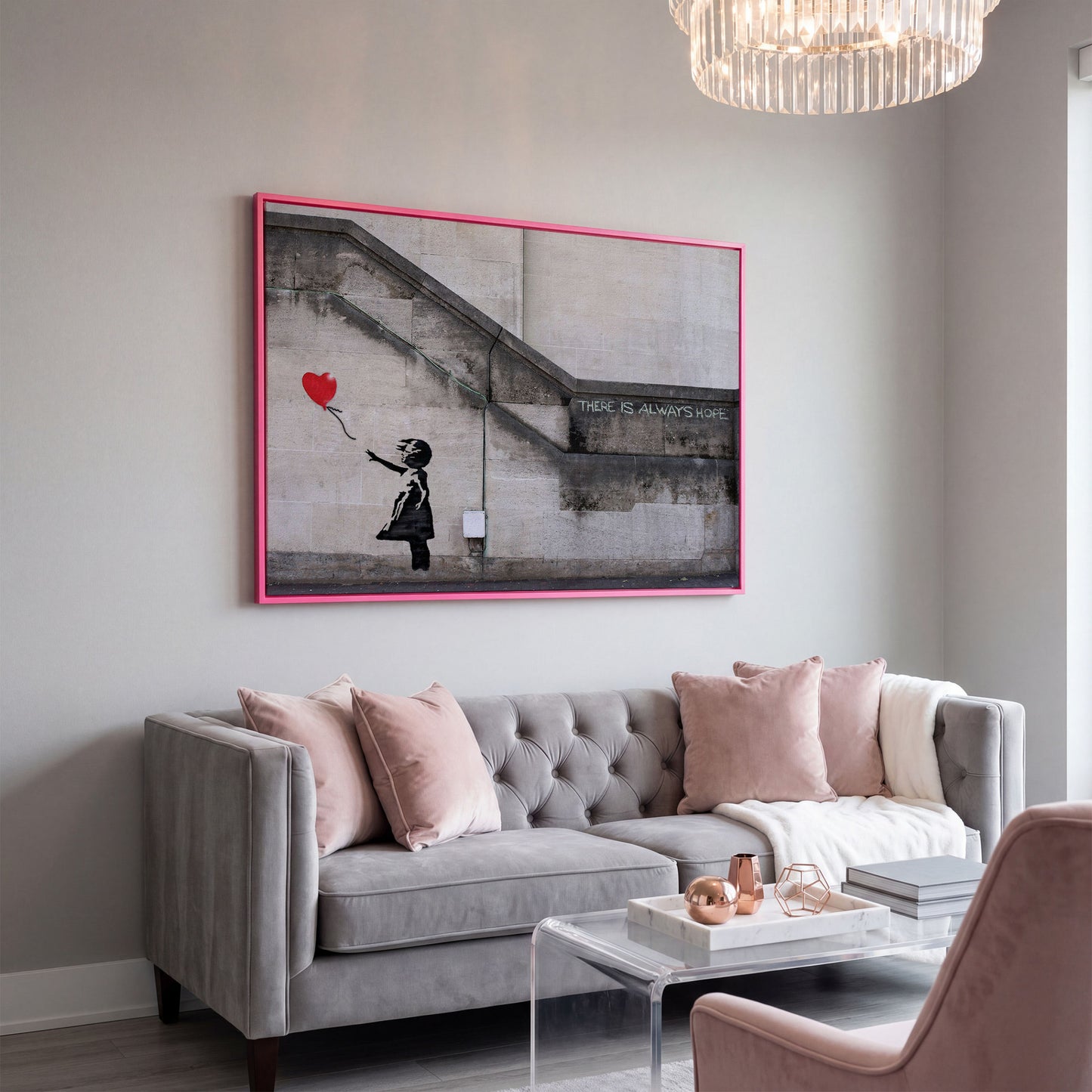 Banksy Balloon Girl Canvas Art, There Is Always Hope Street Art Print in pink floating frame