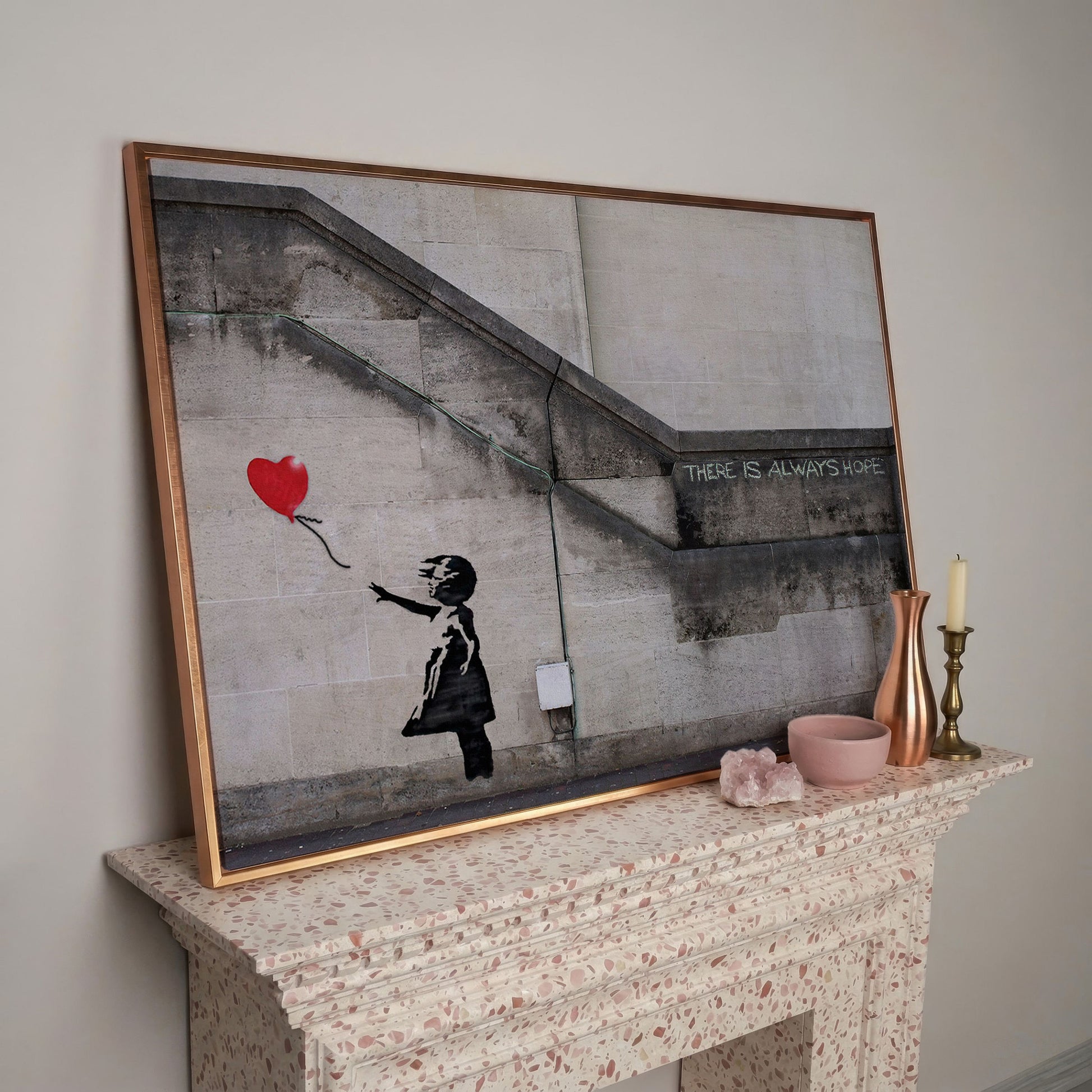Banksy Balloon Girl Canvas Art, There Is Always Hope Street Art Print in rose gold floating frame