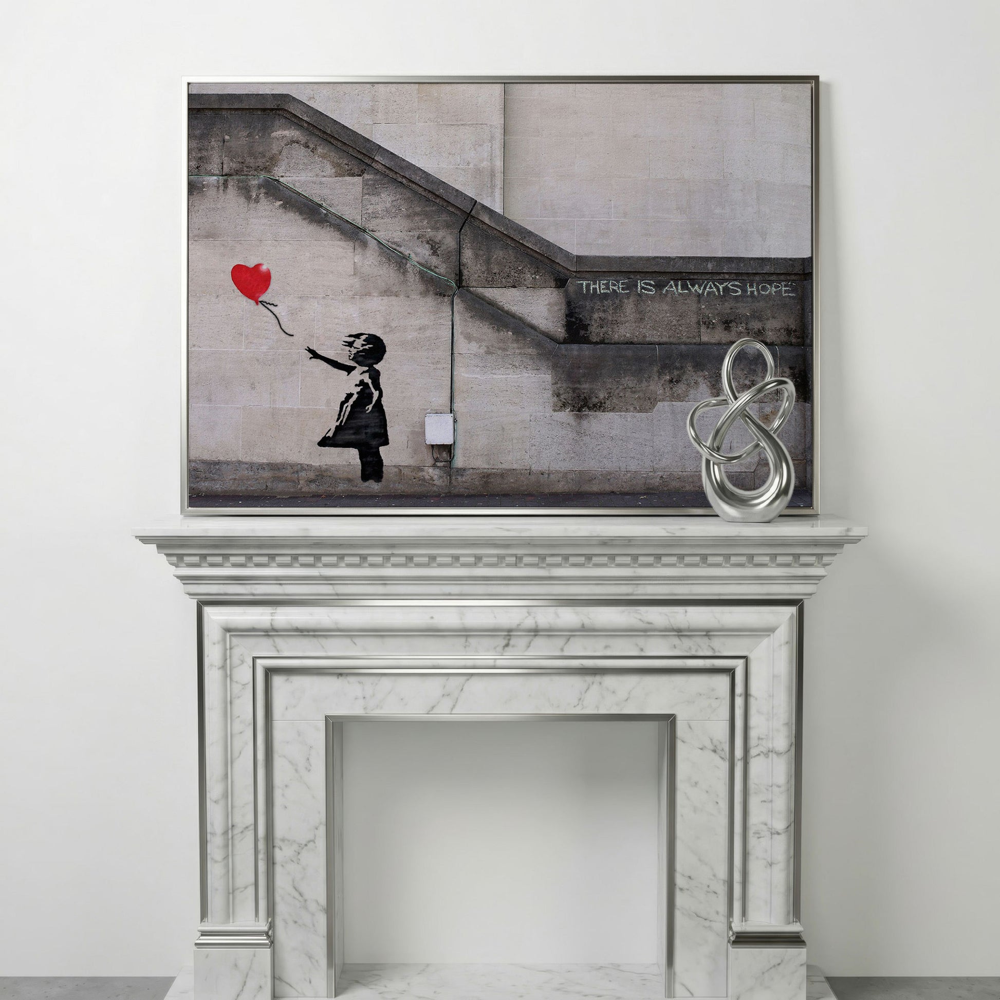 Banksy Balloon Girl Canvas Art, There Is Always Hope Street Art Print in silver floating frame