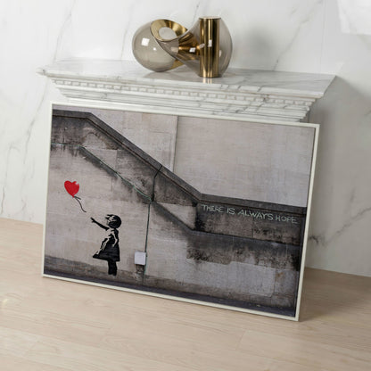 Banksy Balloon Girl Canvas Art, There Is Always Hope Street Art Print in white floating frame