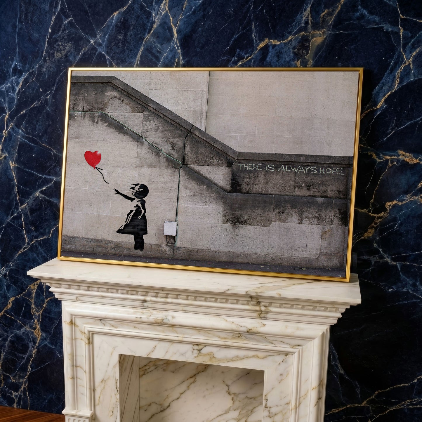 Banksy Balloon Girl Canvas Art, There Is Always Hope Street Art Print in yellow gold floating frame