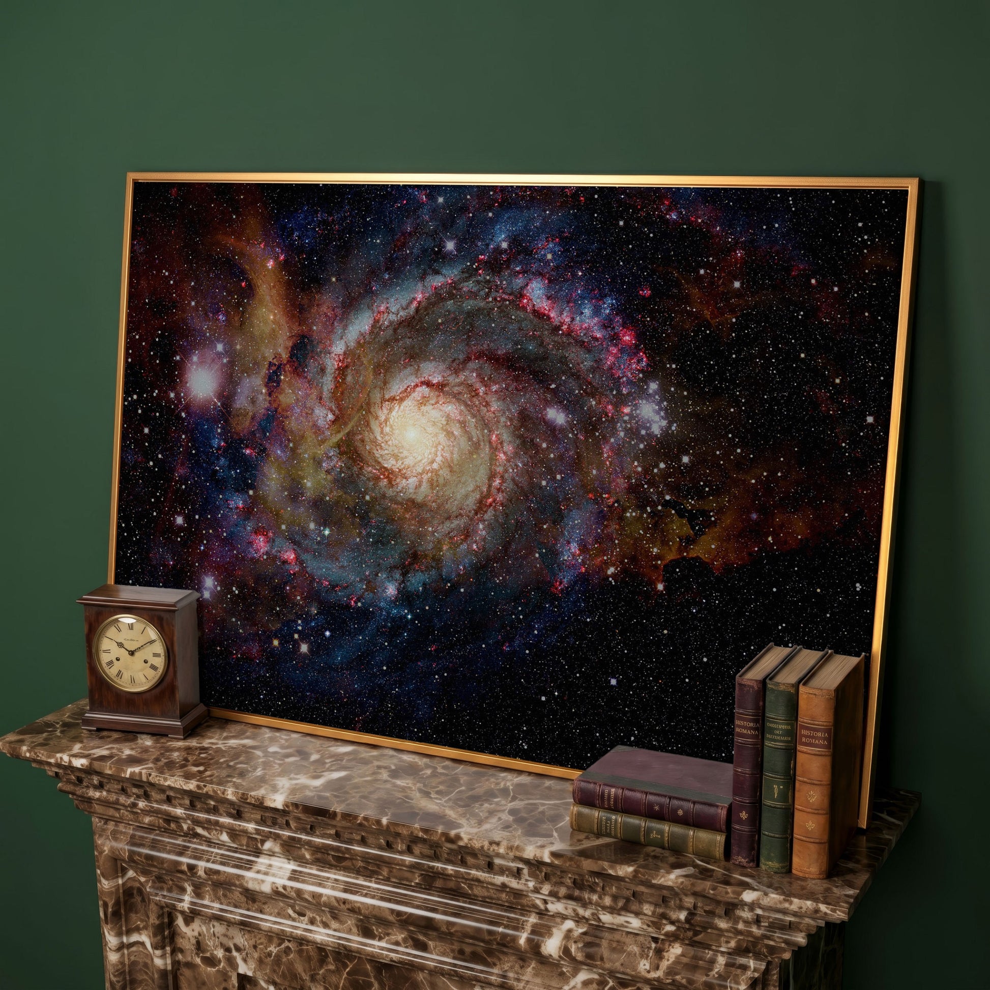 Spiral Galaxy Canvas Print, Milky Way Wall Art, Space Decor in antique gold floating frame